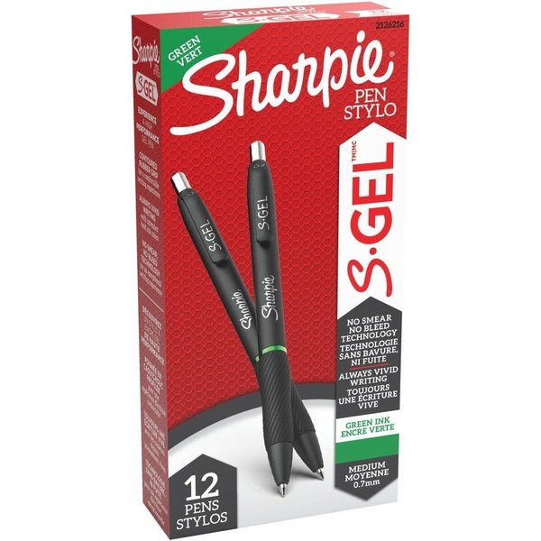 Sharpie Pen, Gel, 0.7mm, 12/DZ, Green Ink/Black Barrel PK SAN2126216